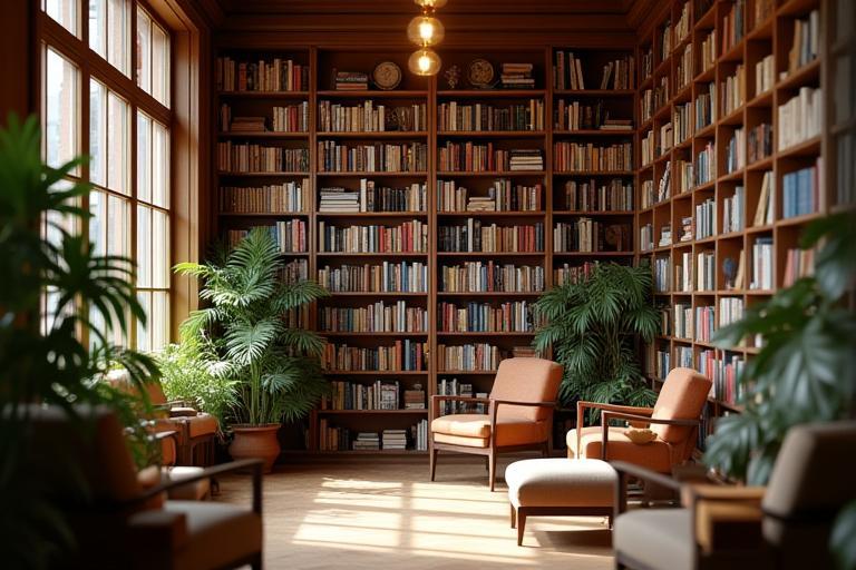 Vue intérieure de la librairie : rayonnages boisés, fauteuils de lecture