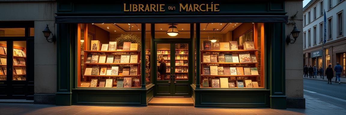 Photo de la façade de la Librairie du Marché avec vitrine lumineuse