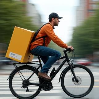 Livreur à vélo transportant un colis de livres